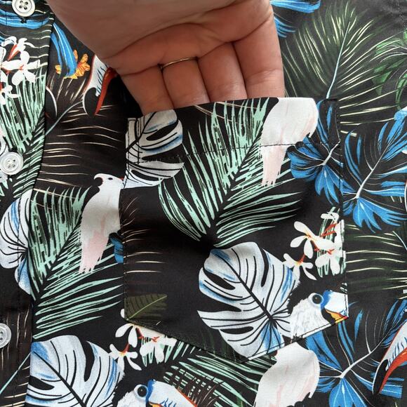 Tunevuse Men Medium Hawaiian Shirt Toucan Cockatoos Bird Floral Black - Picture 7 of 12